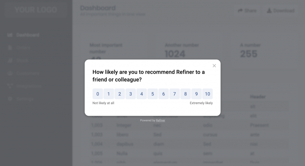 Example of a Net Promoter Score (NPS) widget shown as a centered modal
