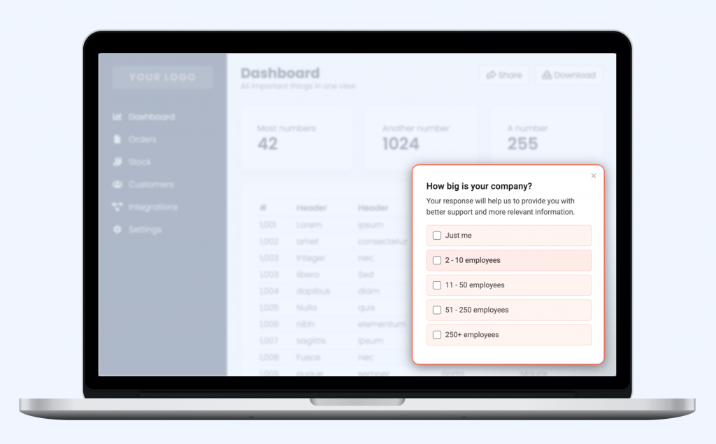 Example of a micro survey widget shown inside a SaaS app