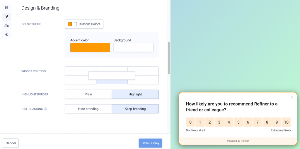 Customization options in NPS software tool.