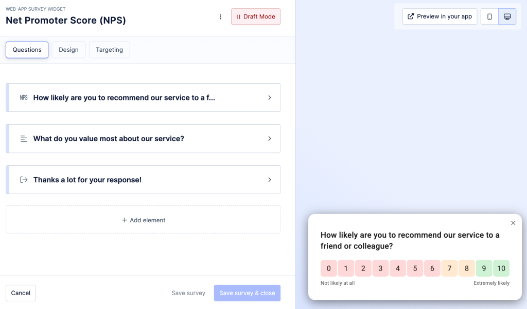 NPS platform interface.