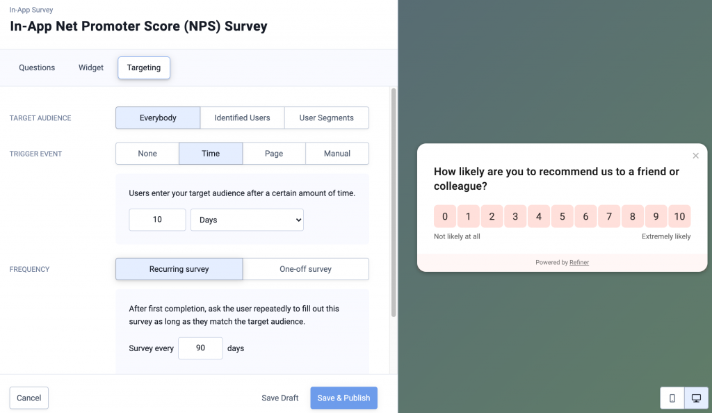 Image showing NPS survey targeting options.