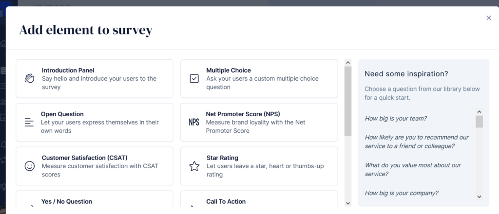 Survey elements to build an UX survey.