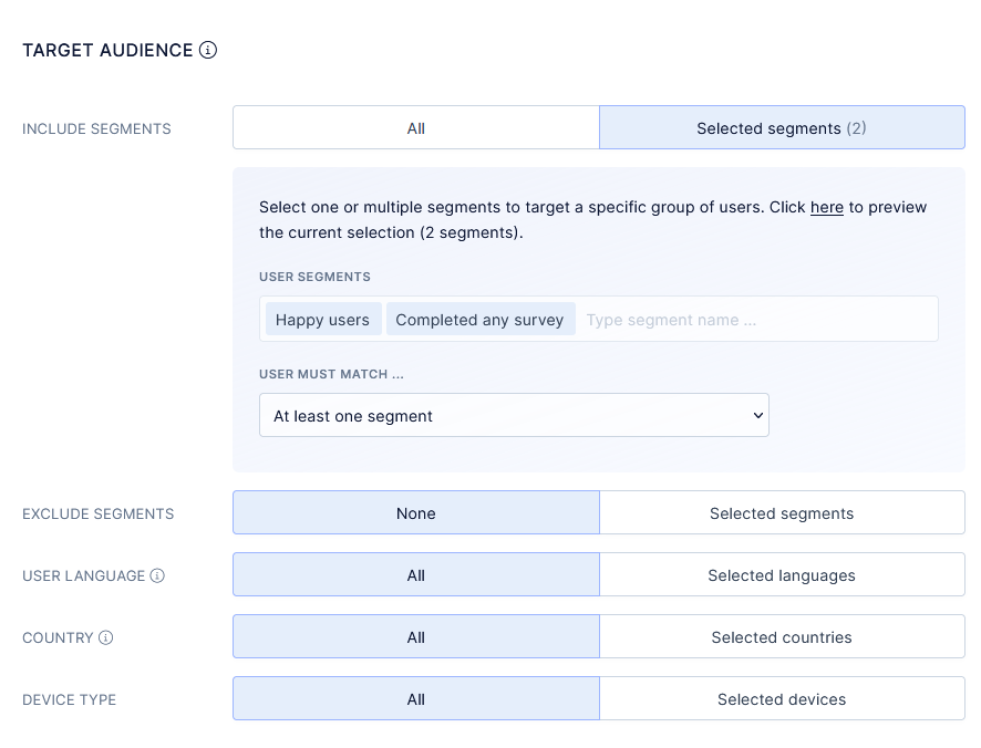 NPS audience segmentation options. 