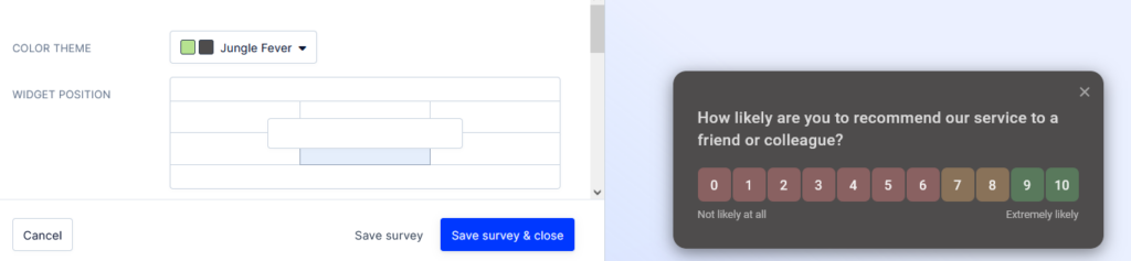 NPS survey widget customization options. 